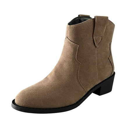 

Women Walking Shoes Ladies Fashion Solid Color Flock Pointed Toe Chunky Heel Short Boots Ankle Boots for Women Flock Khaki