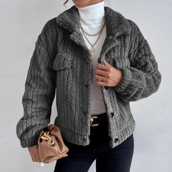 Aboser Womens Fuzzy Sherpa Jacket Coat Button Down Fleece Jackets Warm Long Sleeve Outerwear Trendy Lapel Cropped Coat Winter Thicken Jackets Dark Gray M