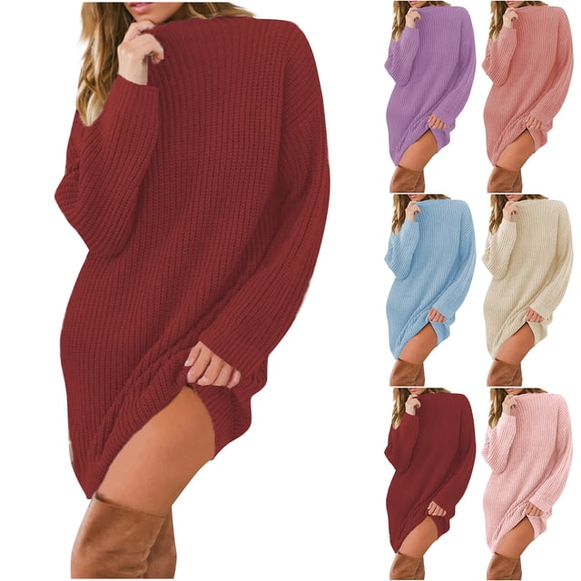 Meichang Robe Chandail Longue Ample à Col Roulé pour Femmes