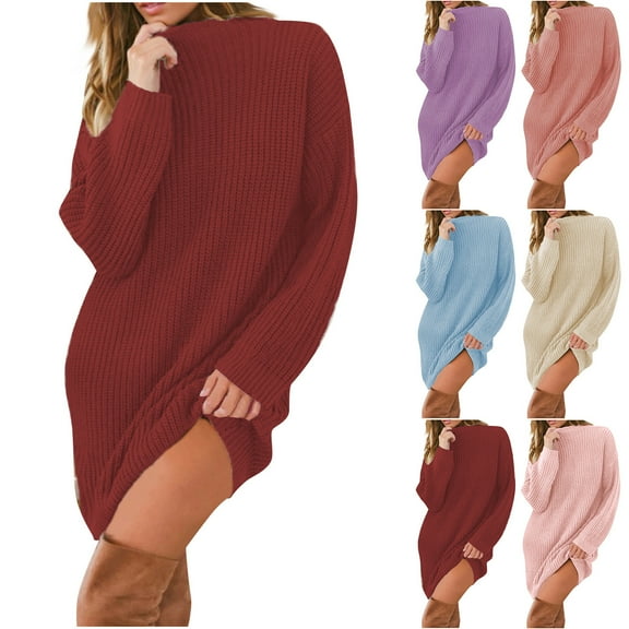 Swuxness Women Long Sleeve Knit Dresses, Women Fall Dress, Women's Solid Color Knit Half Turtleneck Loose Casual Knee Length Dress Pink, XL