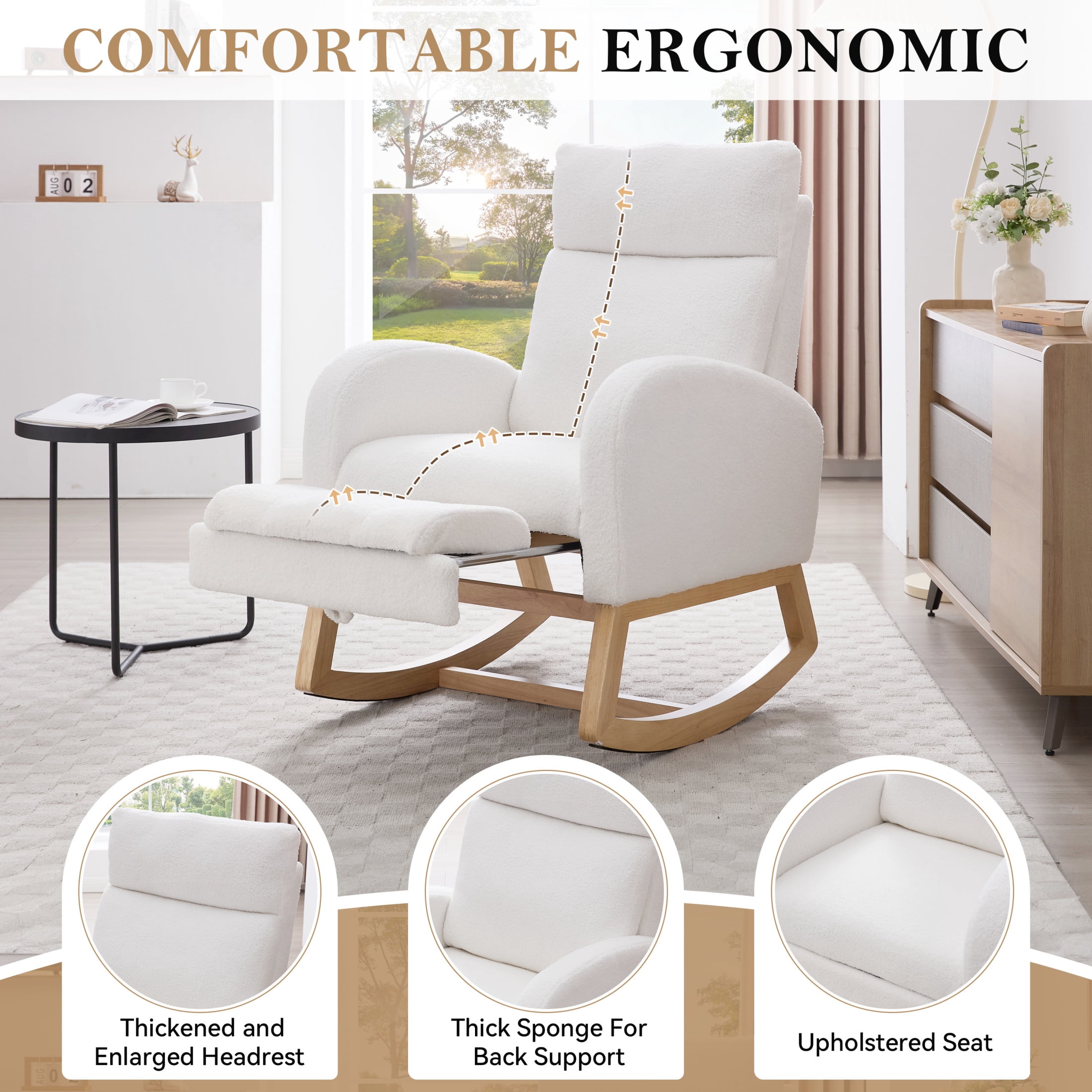 Noble House Arlais Teddy Nursery Rocking Chair with Adjustable Footrest, Comfortable Accent Glider Daybed, White