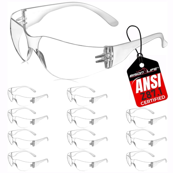 Bison Life Clear Safety Glasses, Pack of 12, ANSI Z87.1 Certified Scratch & Impact Resistant, Polycarbonate Lens, One Size, Wrap Around Eyewear