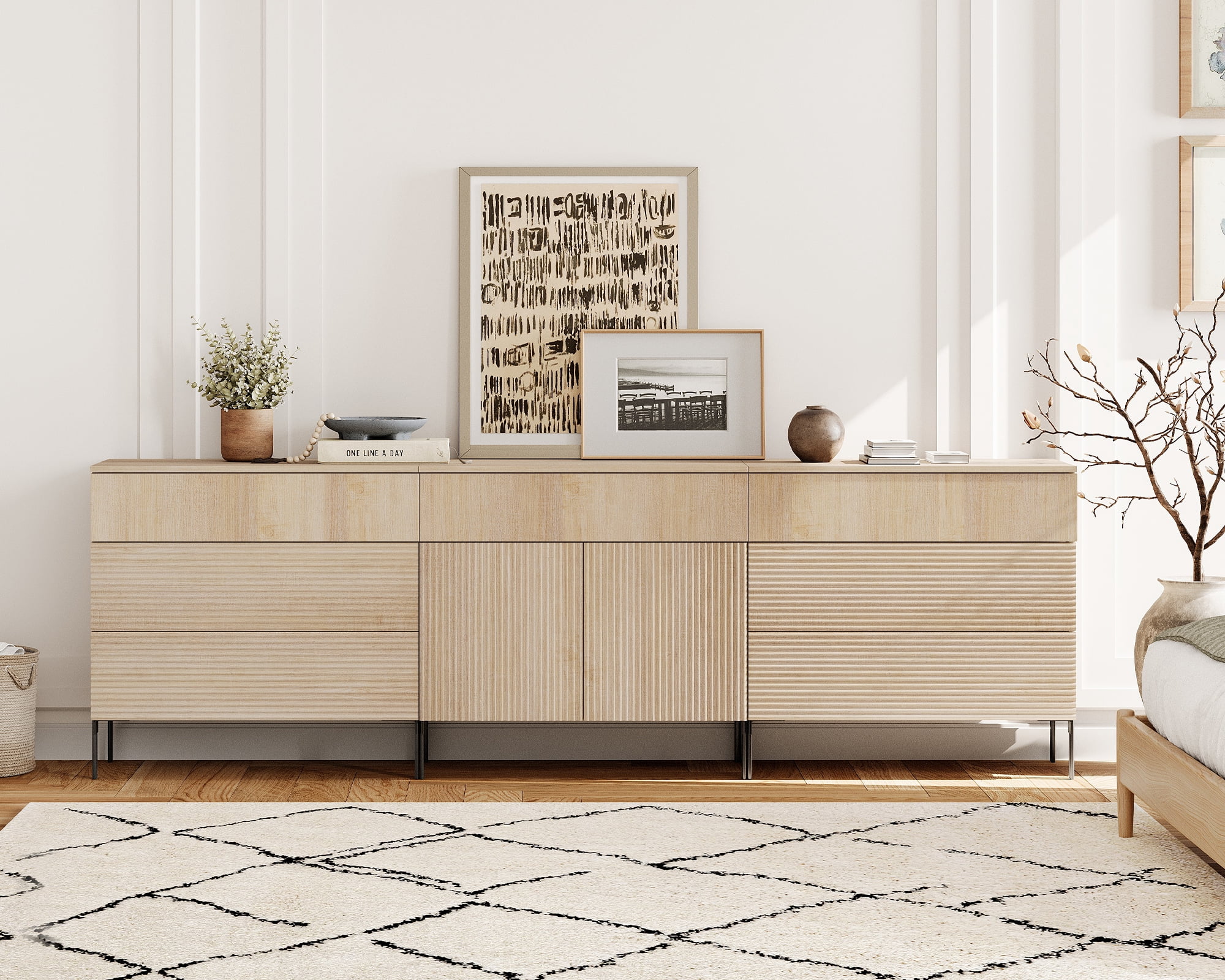 WAMPAT 94.5" Sideboard Cabinet with 6 Drawers and 2 Doors, Modern Fluted Credenza Buffet Cabinet with Adjustable Shelves, Large Storage Cabinet for Dining Room, Living Room