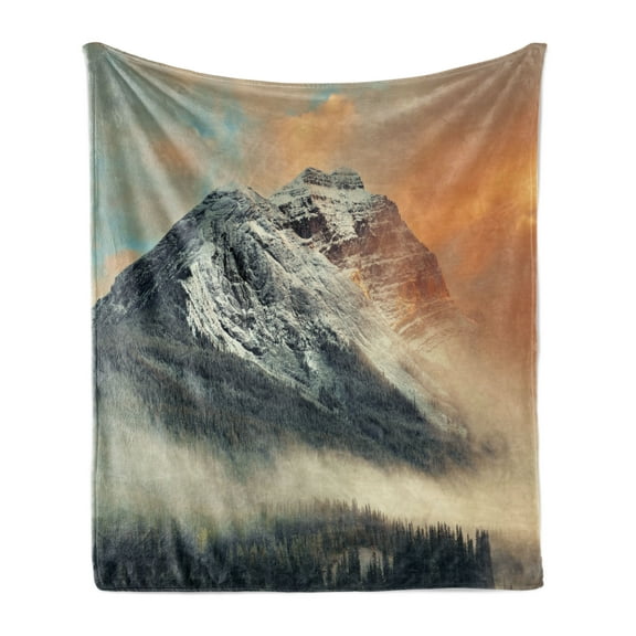 National Parks Soft Flannel Fleece Throw Blanket, Snowy Mountains at Sunset Hazy Weather Yoho Alberta Image Print, Cozy Plush for Indoor and Outdoor Use, 60" x 80", Grey Orange, by Ambesonne