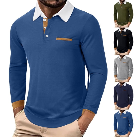 VBTAPA Mens Long Sleeve Polos Shirts Color Contrast Golf Shirt Regular Fit Business Casual Collared Tops Navy M