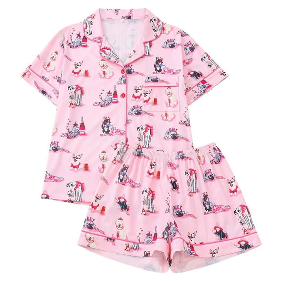 Tisuna 2 Pieces Sleep Outfits For Women Fashion Printed Lapel Collar Short Sleeve Shirts And Shorts Pajama Set Lightweight Casual Ladies Sleepwear Red Size L