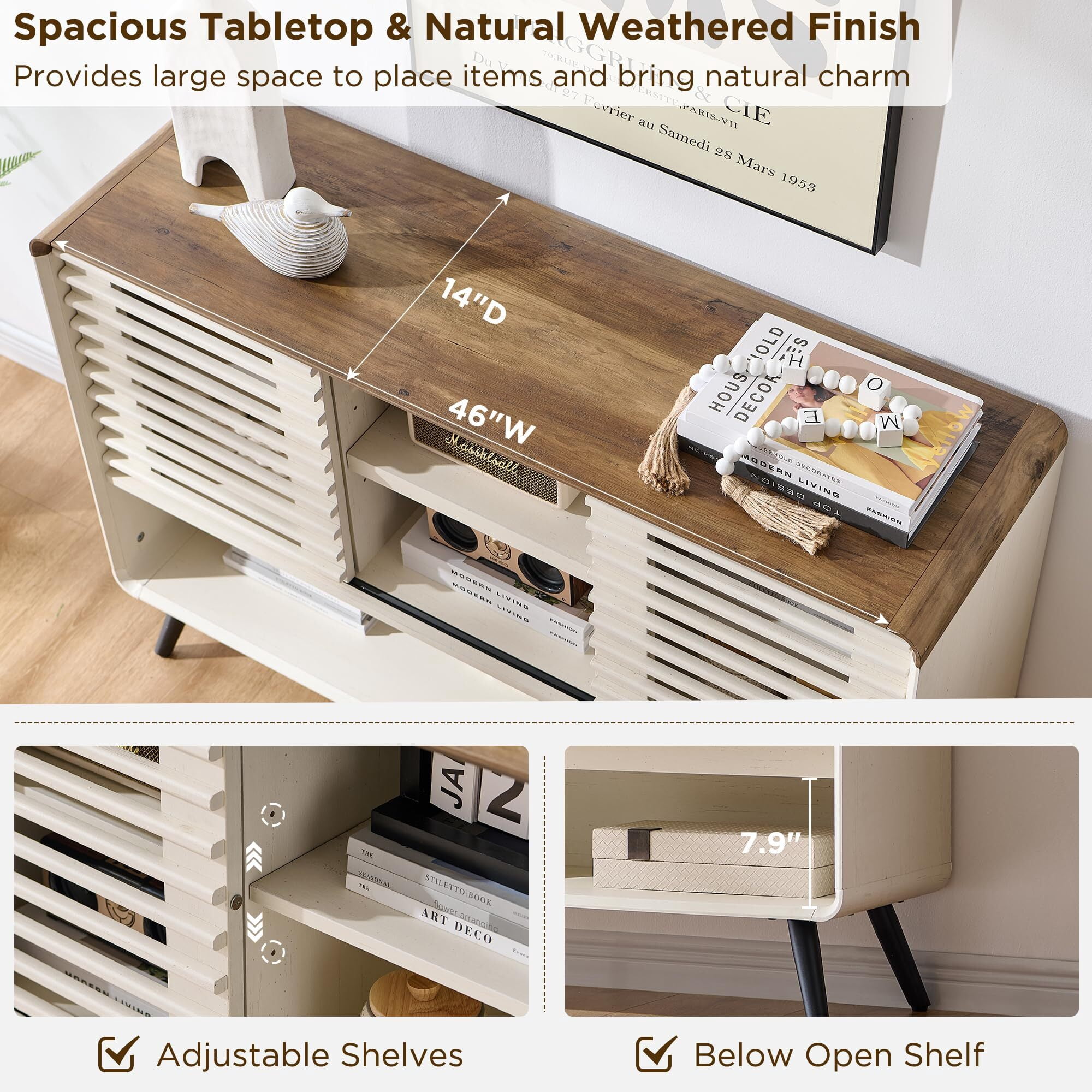 OKD 46" Entryway Table with Sliding Slatted Door, Mid Century Modern Wood Console Table Adjustable & Open Storage Shelf, Console Table for Hallway, Foyer, Living Room, Antique White