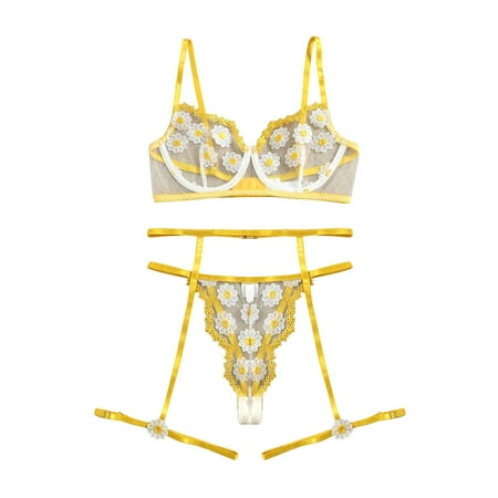 

Tangnade Lingerie Seduction For Women G-string Garter Belt Embroidery Women Bra Bustier Lingerie Thong Underwear Yellow S