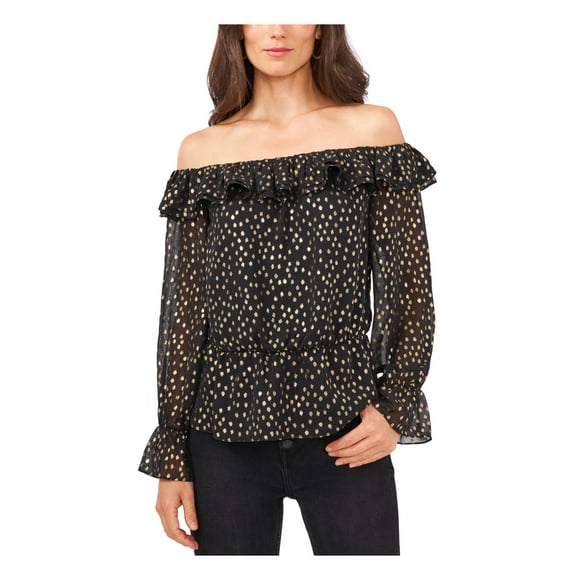 VINCE CAMUTO Womens Black Metallic Ruffled Blouson Sleeve Off Shoulder Blouse XS
