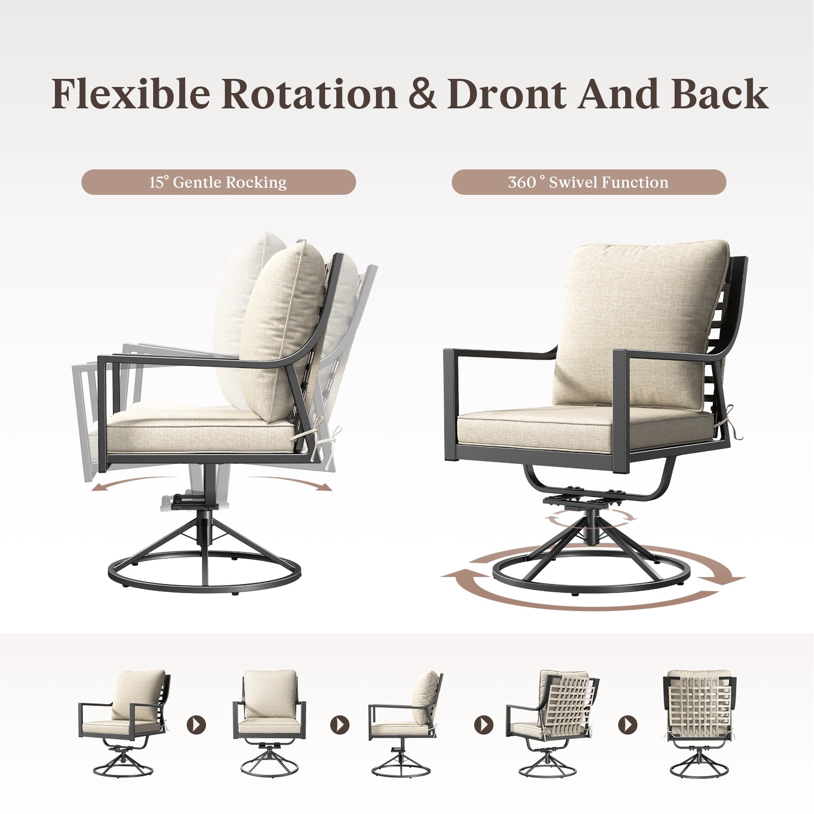 Planntonneo Outdoor Patio Swivel Rocking Dining Chairs Set of 2 with Beige Cushion for Porch Deck Garden Lawn Backyard