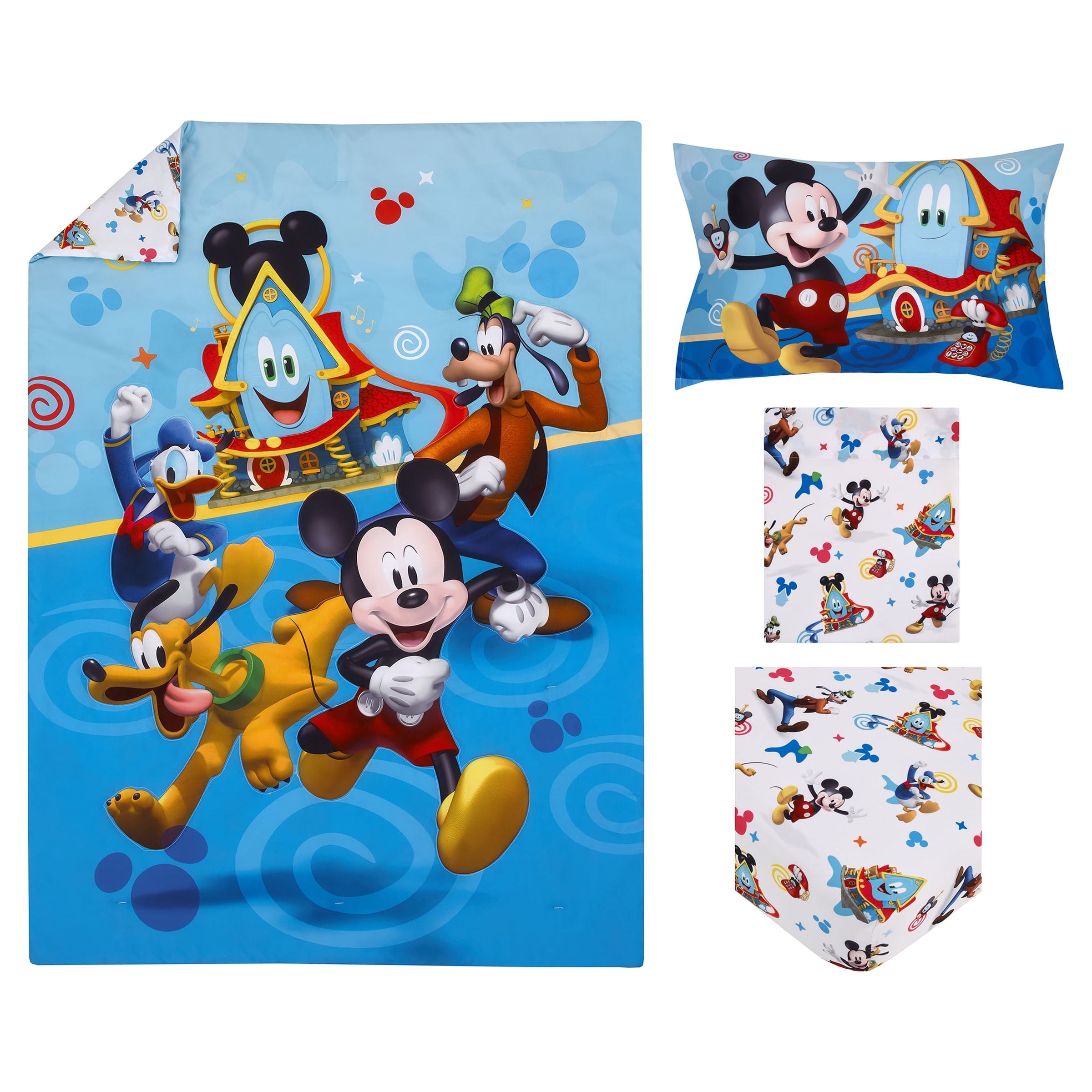Disney Mickey Mouse 4pc Toddler Bedding Set, "Mickey Fun House", Blue, Green, Red, Toddler Boy