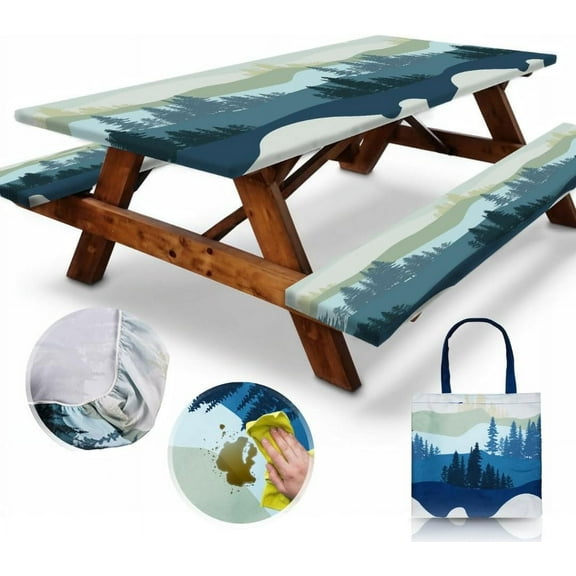 6ft Polyester Picnic Table Cover with Bench Covers and Carrying bag, Elastic all Around,Windproof and Waterproof Picnic Table Covers with Elastic for Camping RV Gear 72x30 Inches 4Pcs