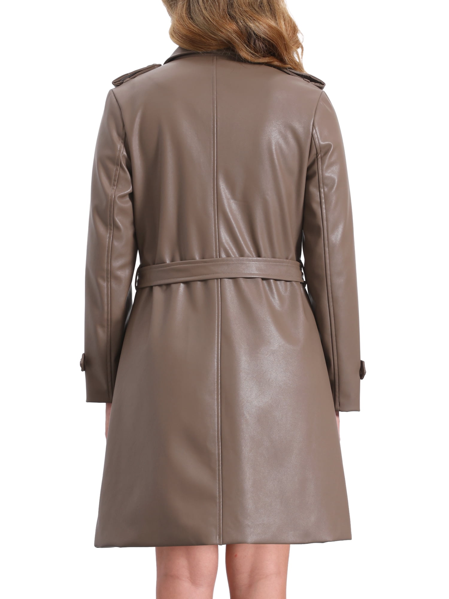 INSPIRE CHIC Faux Leather Long Jacket for Women's Lapel Slim Fit Long Sleeve Zip Coats XS Brown Grey