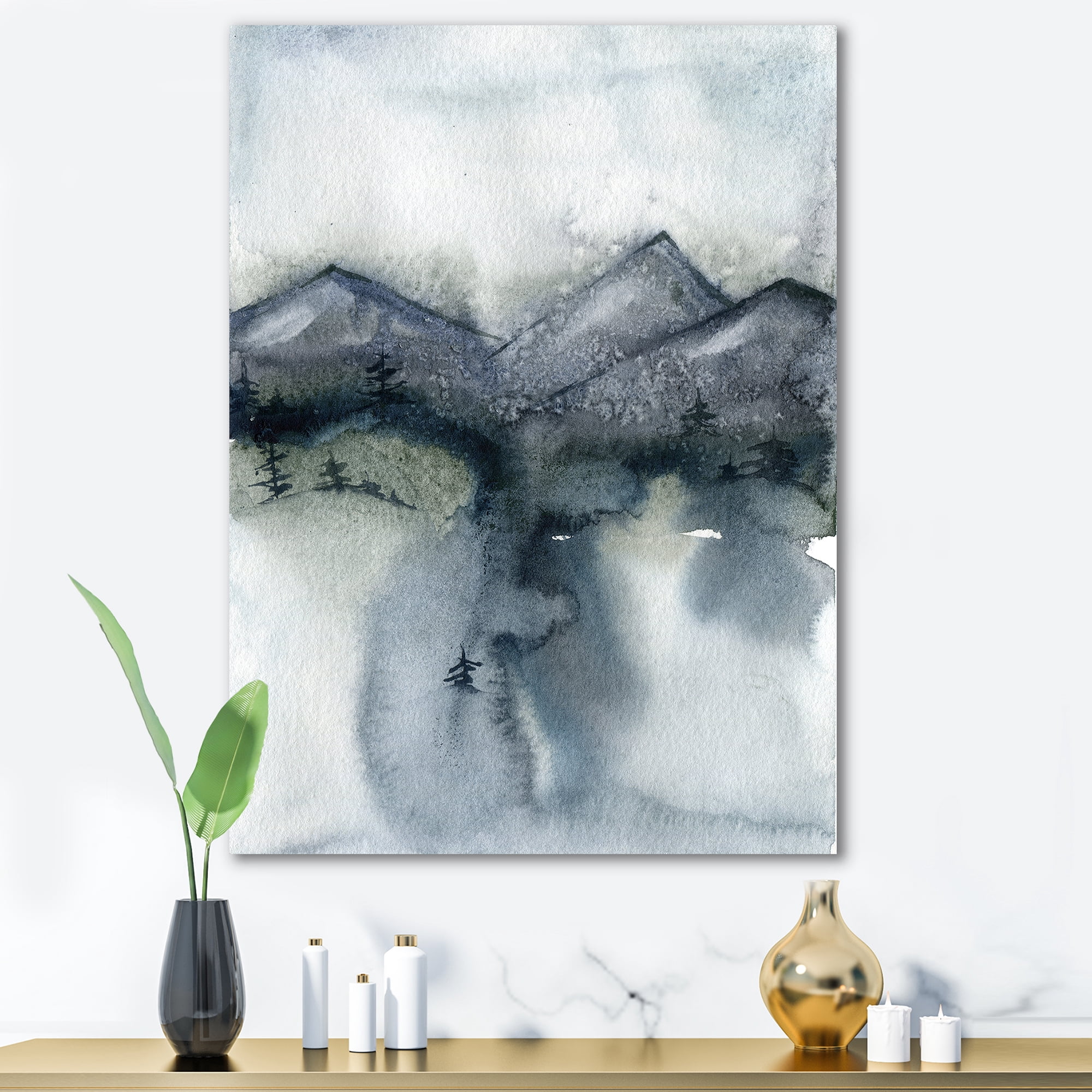 Designart ' Minimalistic Landscape of Mountains Snow and Trees ' Modern Canvas Wall Art Print