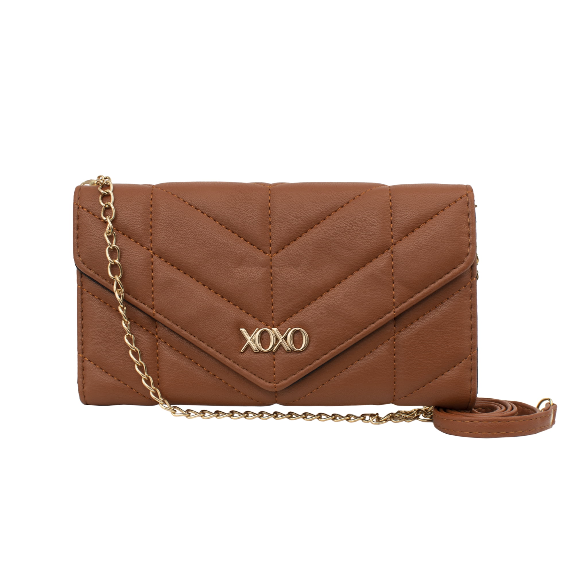 XOXO Women’s Small Cognac Vegan Leather Quilted Fold Wallet withCrossbody Strap
