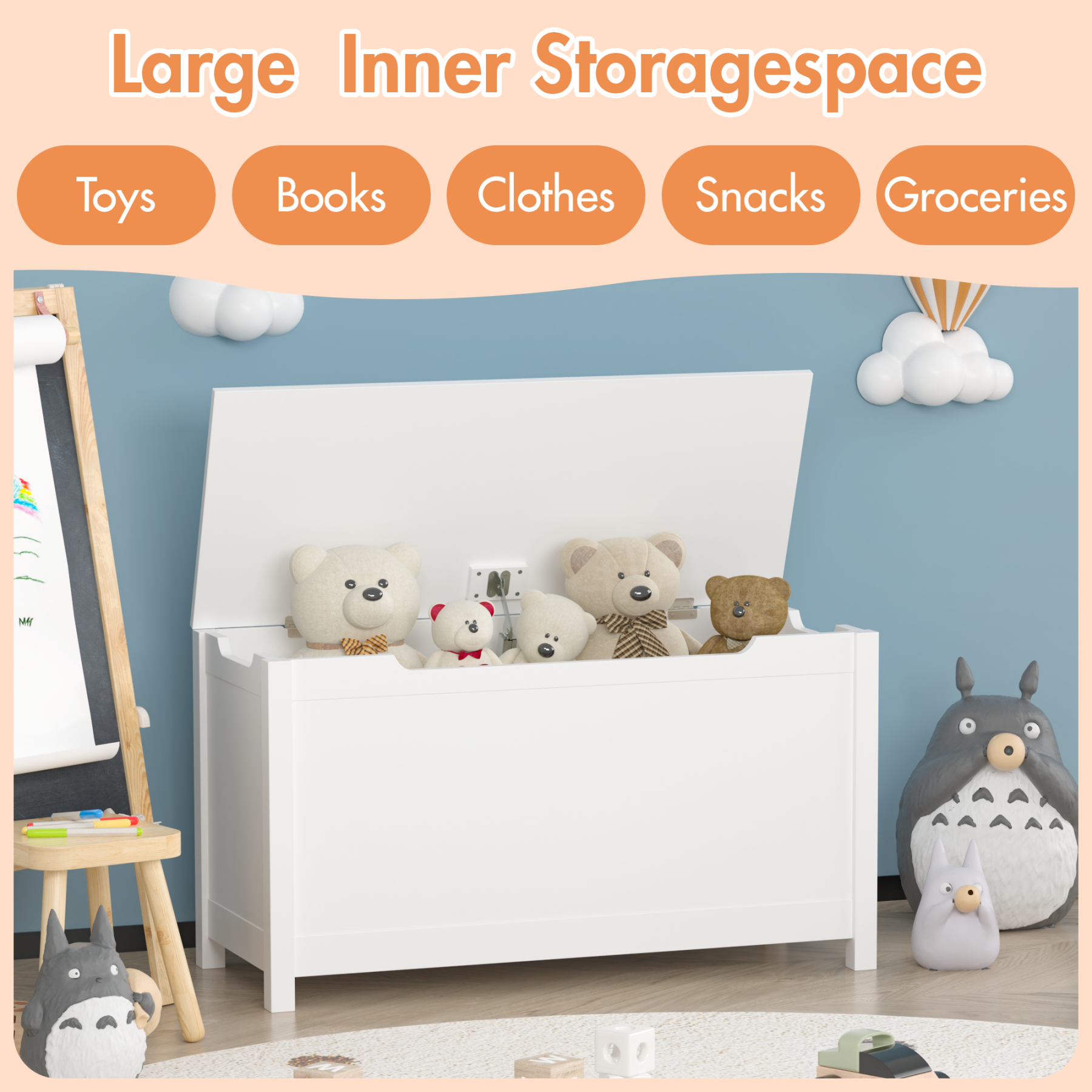 Newboti Furniture Kids Wooden Toy Box Storage with Safety Hinged Lid for Ages 2& (White) 22306