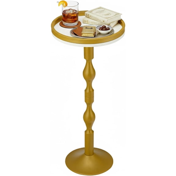 Small Round Side Table,Drink Table with Weighted Base,Modern White & Pedestal End Table with Tray Edge for Small Spaces, Room, Next to Sofa,27 "Tall