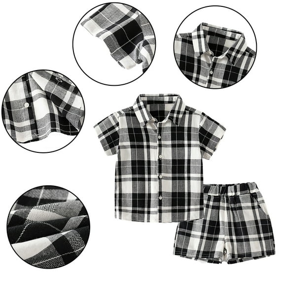 LYMAYTER 1-6 Years Boys Summer Shirt Clothes 2 PCS Outfit for Kids Toddler Short Sleeve Buttons Plaid Shirt Tops with Cotton Shorts Set