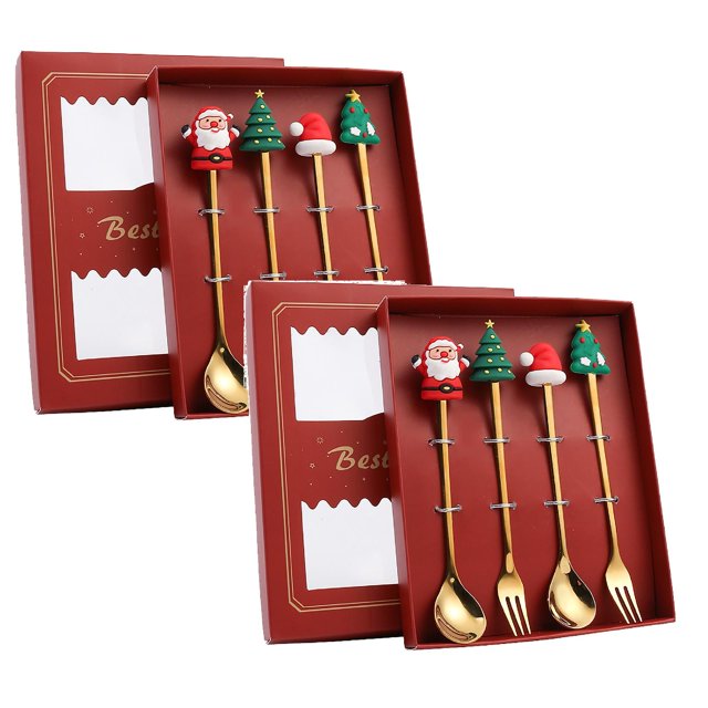Oleegame 2PC Stainless Steel Cutlery Set Christmas Tableware Set Stainless Steel Spoon Gift Set Dessert Spoon Fork Coffee Spoon Christmas Pendant Spoon Tableware Set Gift Red