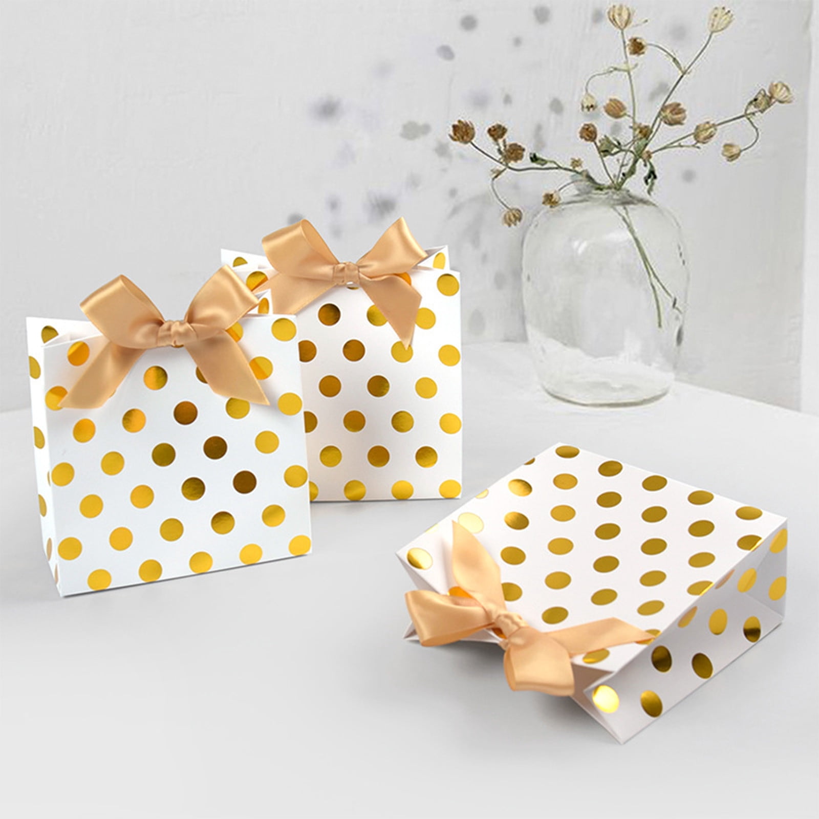 Cadorn 10 Sets of Hot Stamping Gold Polka Dots Bow Hand Bags, Suitable for Neckties Scarves, Mini Gift Tote Bags, Thank You Favor Bag for Valentine Wedding Baby Bridal Shower Birthday Party