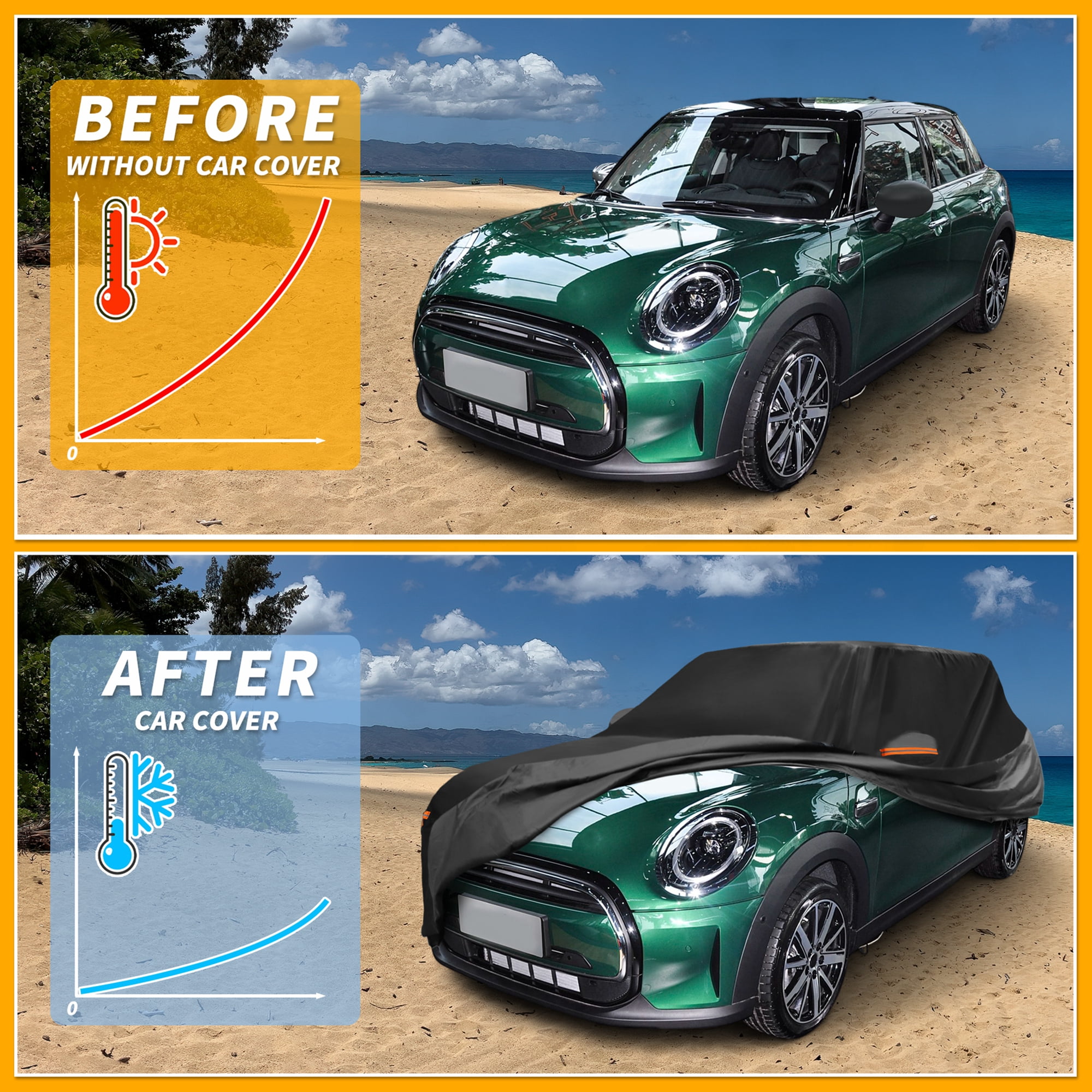 Unique Bargains Waterproof Car Cover with Reflective Strips Black for Mini Cooper 4DR 161.42"x57.09"x49.21"