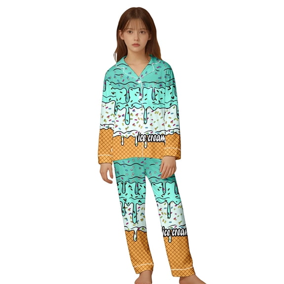 CAIVO Ice Cream Print Girls 2 Piece Pajama Sets Soft Long Sleeve Tops And Pants Cute Cartoon Sleepwear For Kids Comfortable Nightwear Children Pyjamas