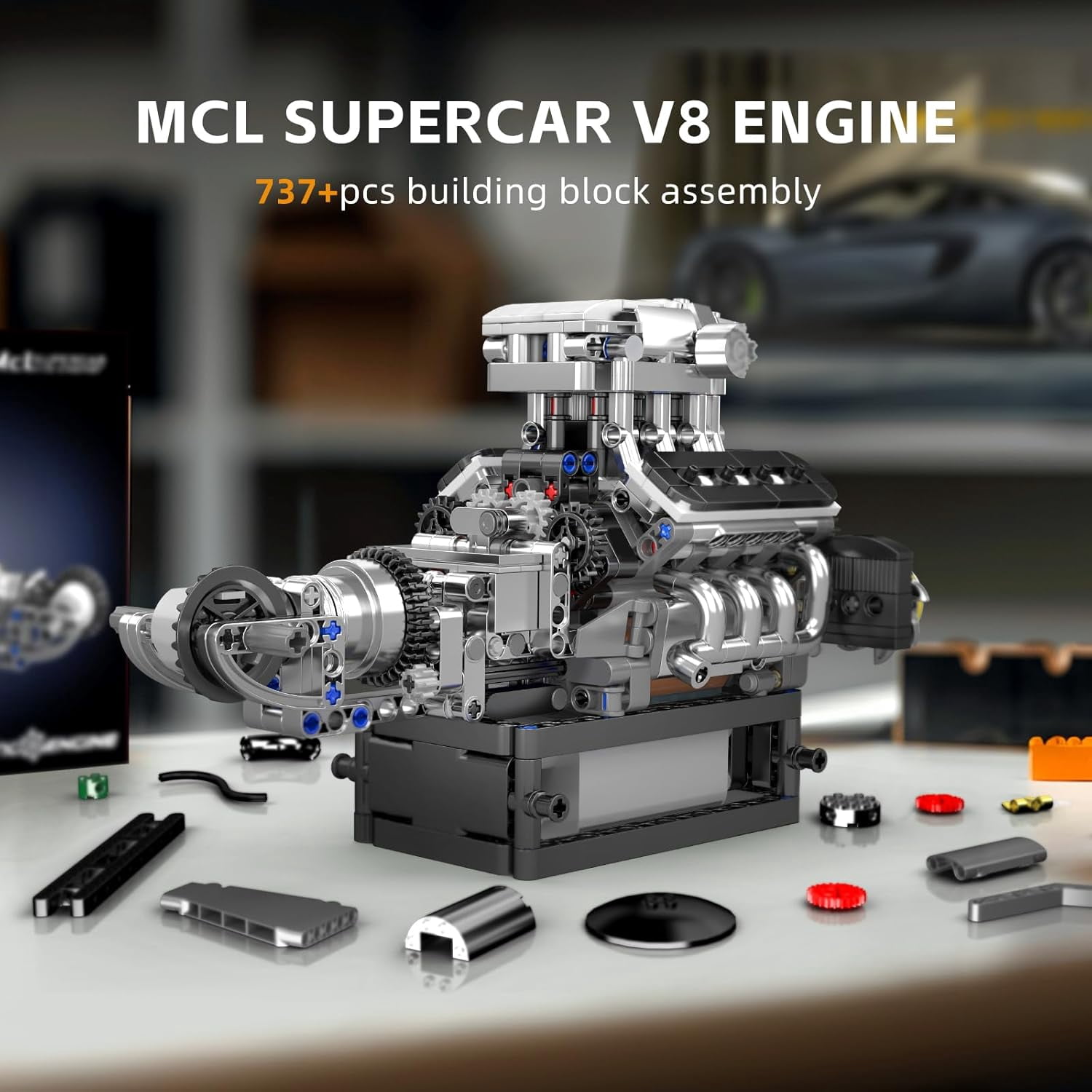 10206 V8 Combustion Engine Model Kit that Runs, Build Your Own MOC V8 Engine Model Toy, 8-Cylinder Petrol Car Engine Replica Model Building Kit (737 PCS)