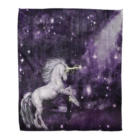 ASHLEIGH Flannel Throw Blanket Purple Magic Digital of Unicorn in Magical Forest at Night Pixies Horse 50x60 Inch Lightweight Cozy Plush Fluffy Warm Fuzzy Soft
