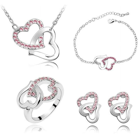 Nvzi Women's Silver Filled shine Austrian Crystal Heart Shape Chain Necklace Earrings rings Jewelry Sets Women Gift