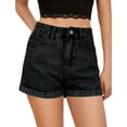 thumbnail image 1 of Ovticza Short en Jean pour Femme à Taille Haute, Ourlet Roulé, Jambe Droite, avec Poche, Noir, 2TG, 1 of 6