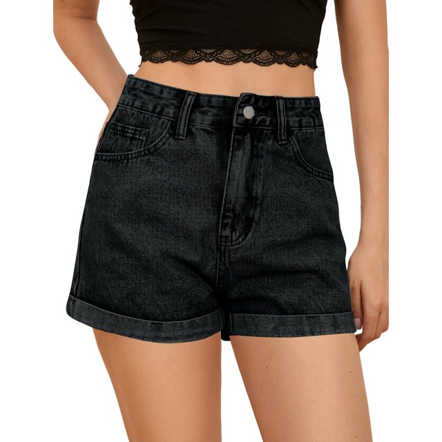 Ovticza Shorts en Jean Taille Haute Ourlet Roulé Jambe Droite avec Poche Noir P