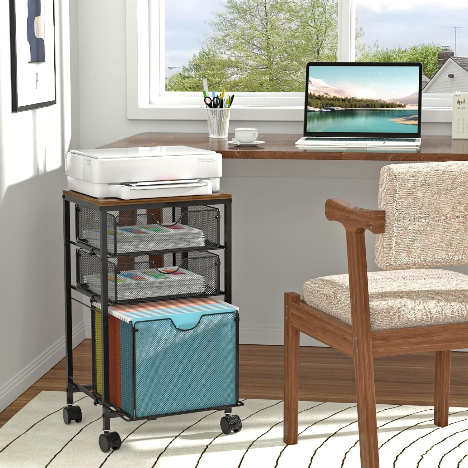 Rolling File Cart with 3 Storage Drawers, Wood & Mesh Hanging File Folder Organizer with Wheels Under Desk, File Cabinets for Home Office, 11.81"D x 14.8"W x 25.39"H, Black