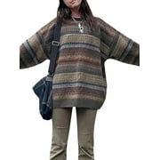 IMISSILLEB Women Y2K Argyle Striped Pullover Sweater Casual Long Sleeve Round Neck Vintage Preppy Style Pullover Knitwear(Gray-A,M)