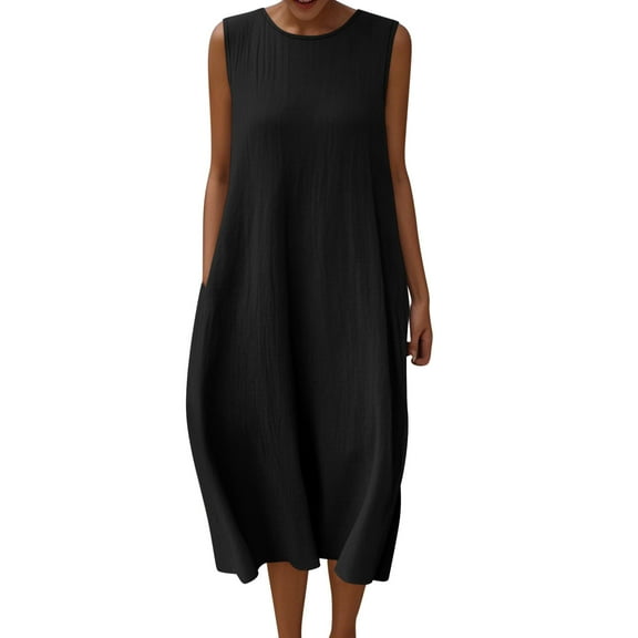 Women's Cotton Linen Swing Dress - Sleeveless Crew/V Neck Knee Length Midi Dress with Pockets, A-Line Casual Sundress for Summer & Vacation