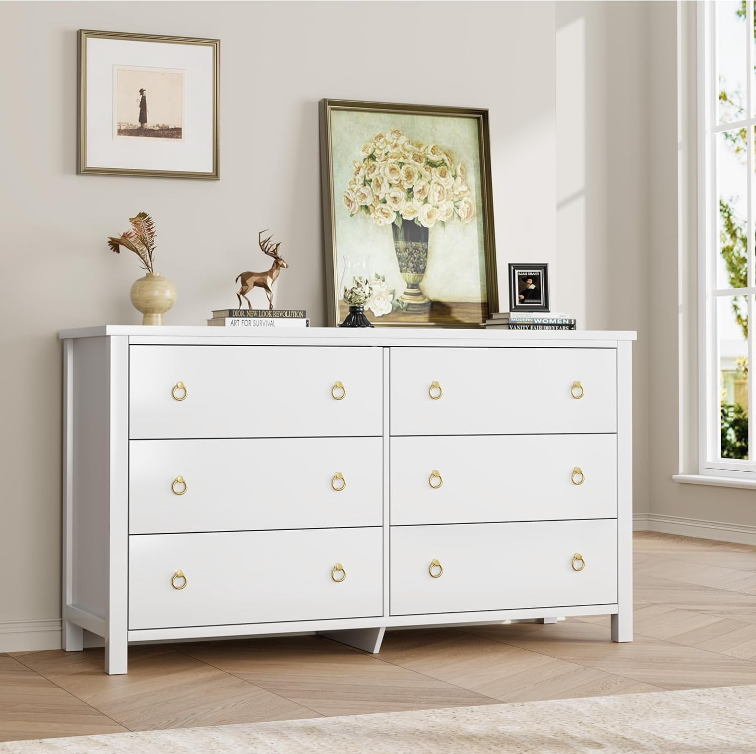 6 Drawers Dresser, 47 Inch Wide Chest of Drawers, Large Clothes Storage Cabinet & TV Stand, Wood Bedroom Dresser for Nursery, Living Room, Hallway, White