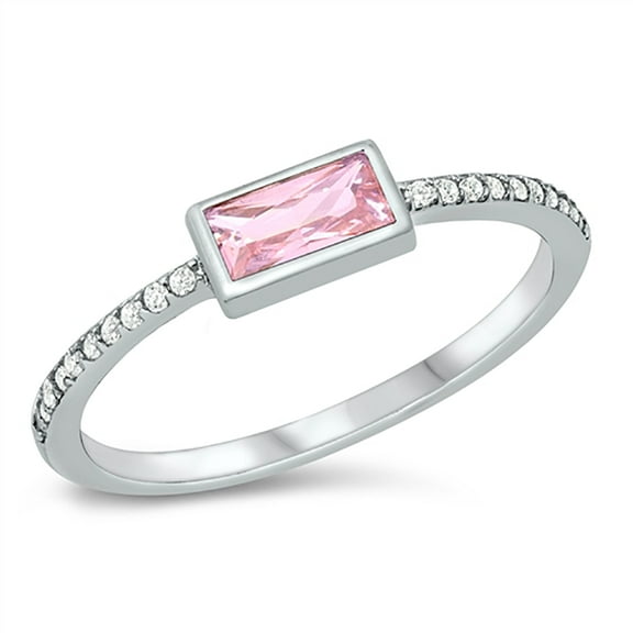 Pink Cubic Zirconia Sideways Rectangular Center Ring Sterling Silver Size 6