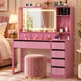 thumbnail image 2 of Ktaxon Makeup Vanity Desk with Lighted Mirror, Vanity Table with Charging Station for Bedroom, Fuchsia Pink, 2 of 7