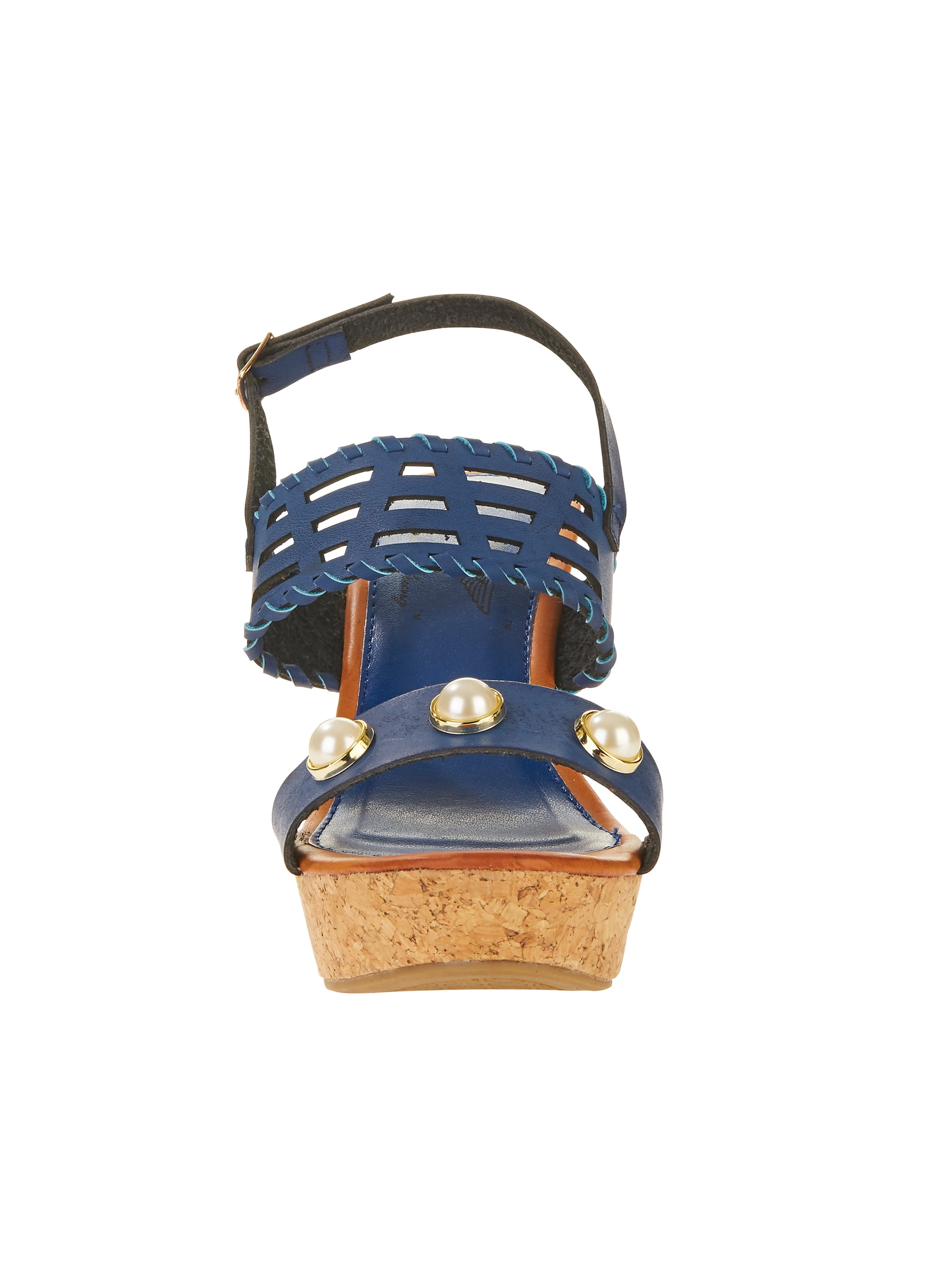 Forever Young Women's Faux Leather Wedges With Pearls Embellishments and Embossed Strap