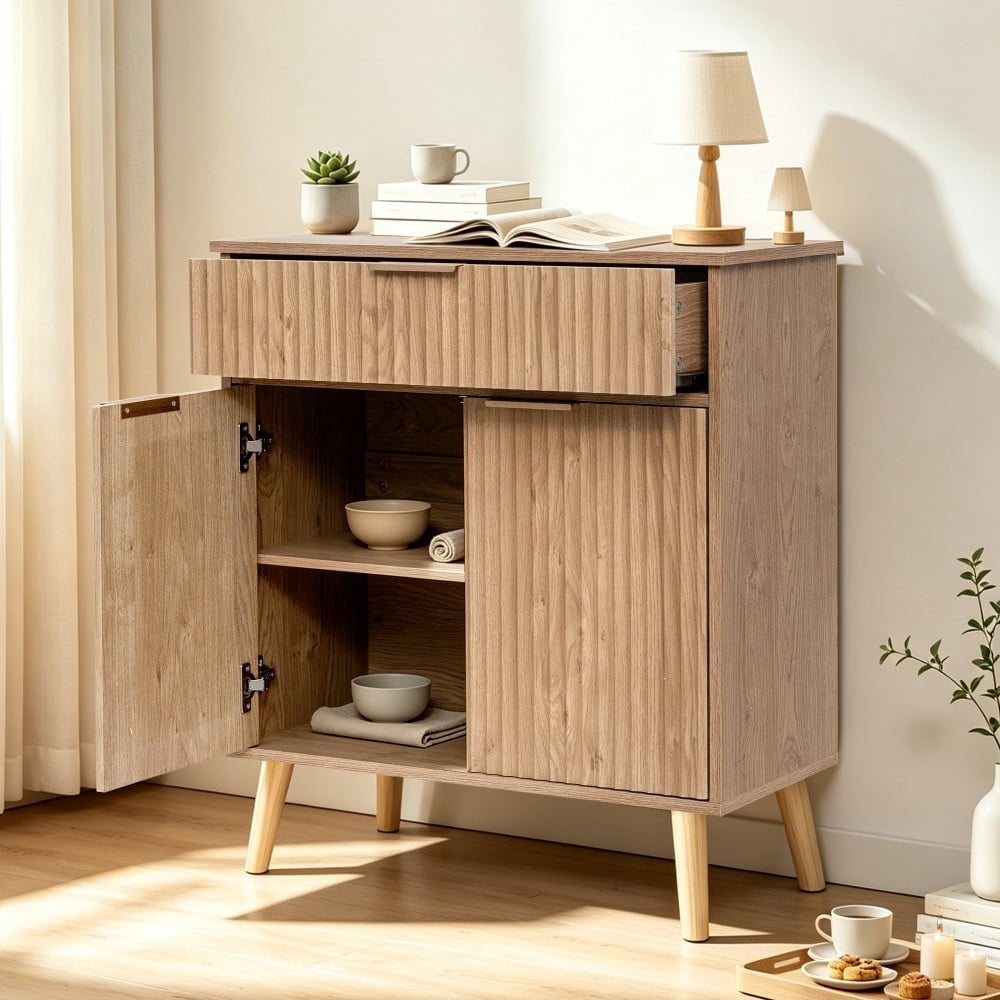 Kitchen Storage Cabinet, Buffet Cabinet with 2 Doors & Drawer, Adjustable Shelves, Wood Sideboard with Solid Wood Legs, Natural