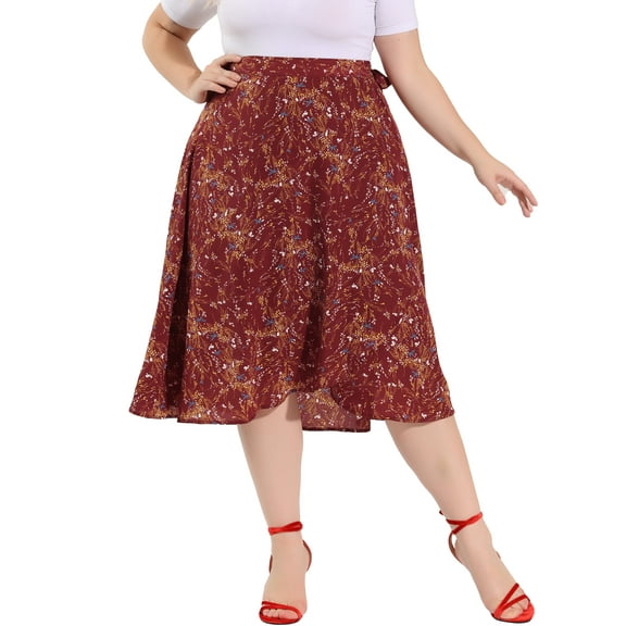 Agnes Orinda Women's Plus Size Wrap Skirts Boho Floral Chic Ruffled Hem High Waisted A-Line Midi Skirt 4X Red