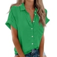 thumbnail image 2 of IYYVV Button Down Short Sleeve Shirts for Women V Neck Loose Roll Up Collared Shirt Casual Summer Tops with Pockets Green L, 2 of 7