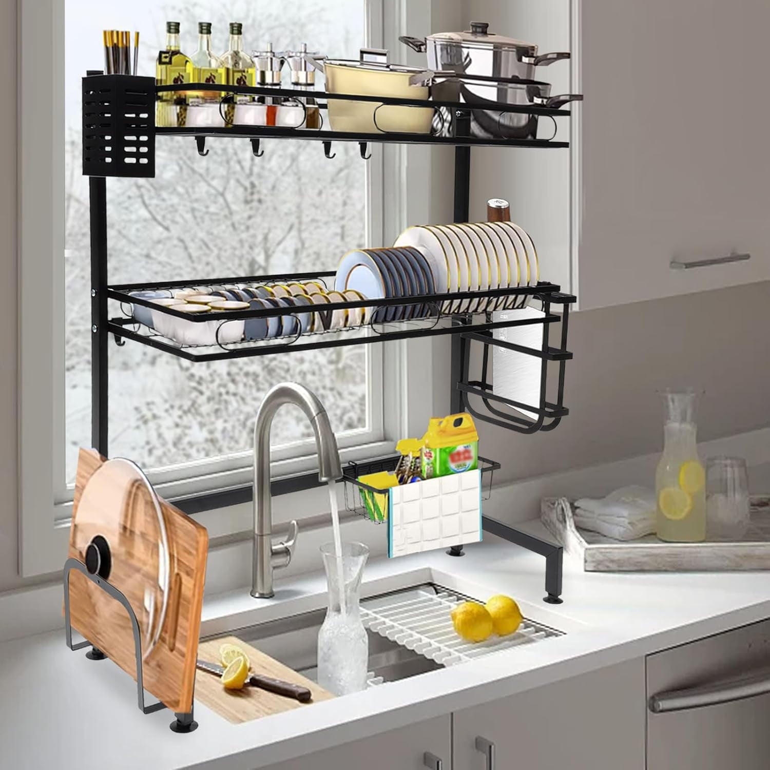 Dish Drying Rack 2-Tier Over Sink Dish Dryer Rack with Drainer 8 Hooks & Different Rack Cutlery Shelf Cup Organizing Metal Dishrack Set for Kitchen Counter