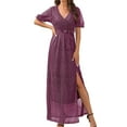 thumbnail image 2 of Robes Robe d'Été Femme Col en V Taille Haute Robe à Lacets Fendue Longue Robe à Manches Courtes Violette m, 2 of 7
