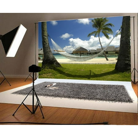 Image of 7x5ft Seaside Backdrop Ocean Holiday Village Coconut Tree Hammock Grass Lawn Blue Sky White Cloud Nature Travel Photography Background Kids Children Adults Photo Studio Props