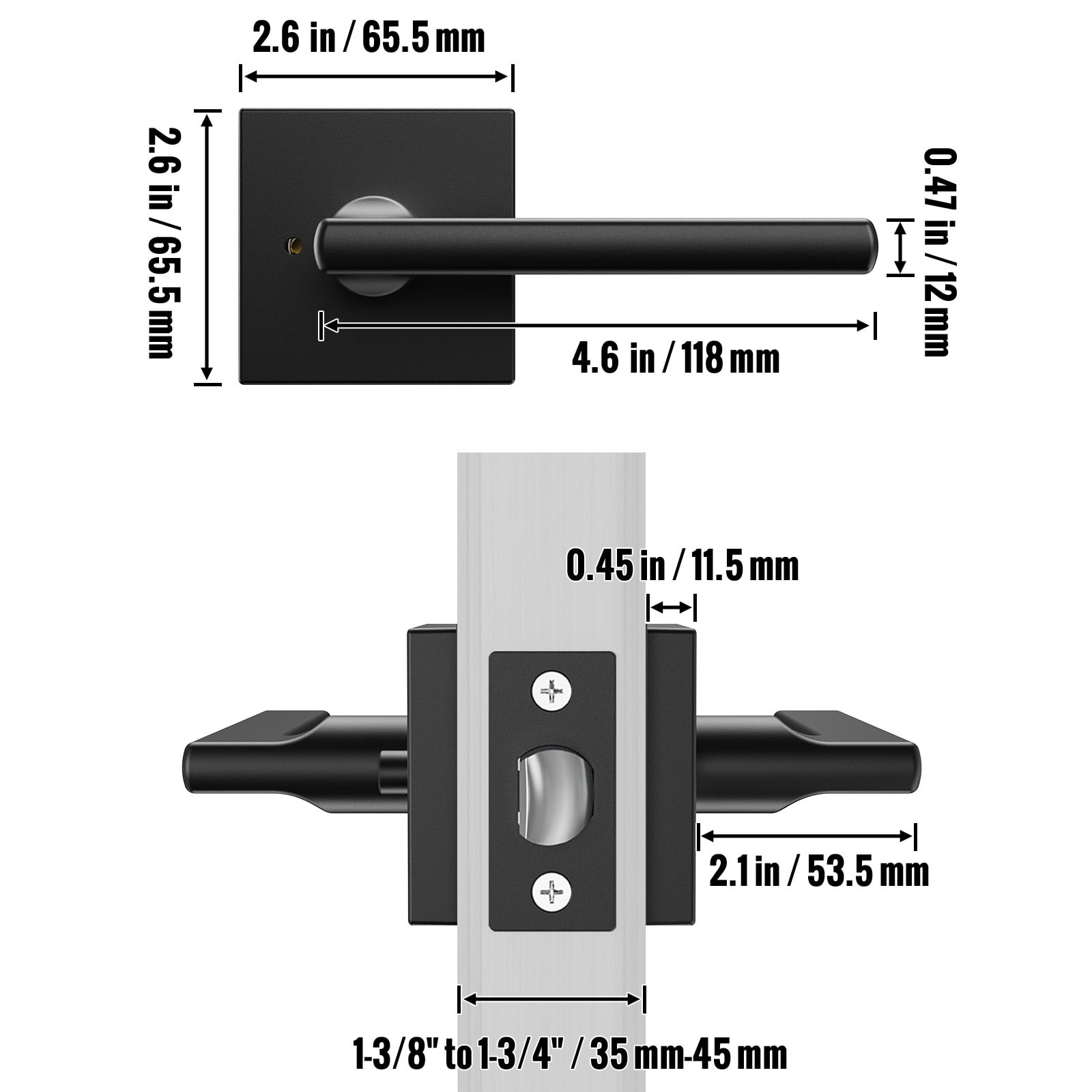 BENTISM Privacy Door Handle with Lock, 5 Pack Matte Black Door Lever, Square Heavy Duty Interior Keyless Door Handles, Reversible for Left Right Sided Doors for Bedroom and Bathroom Doors