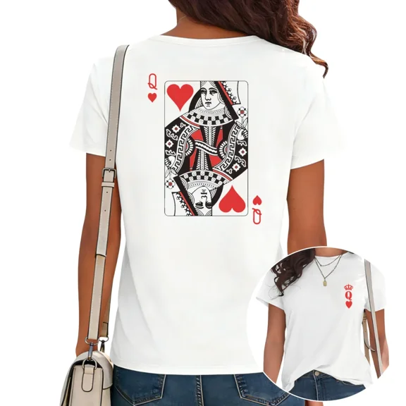 UNISHE Women's Queen of Hearts Graphic T-Shirt Trendy Retro Playing Card Fashion Tee Casual Tops White, S