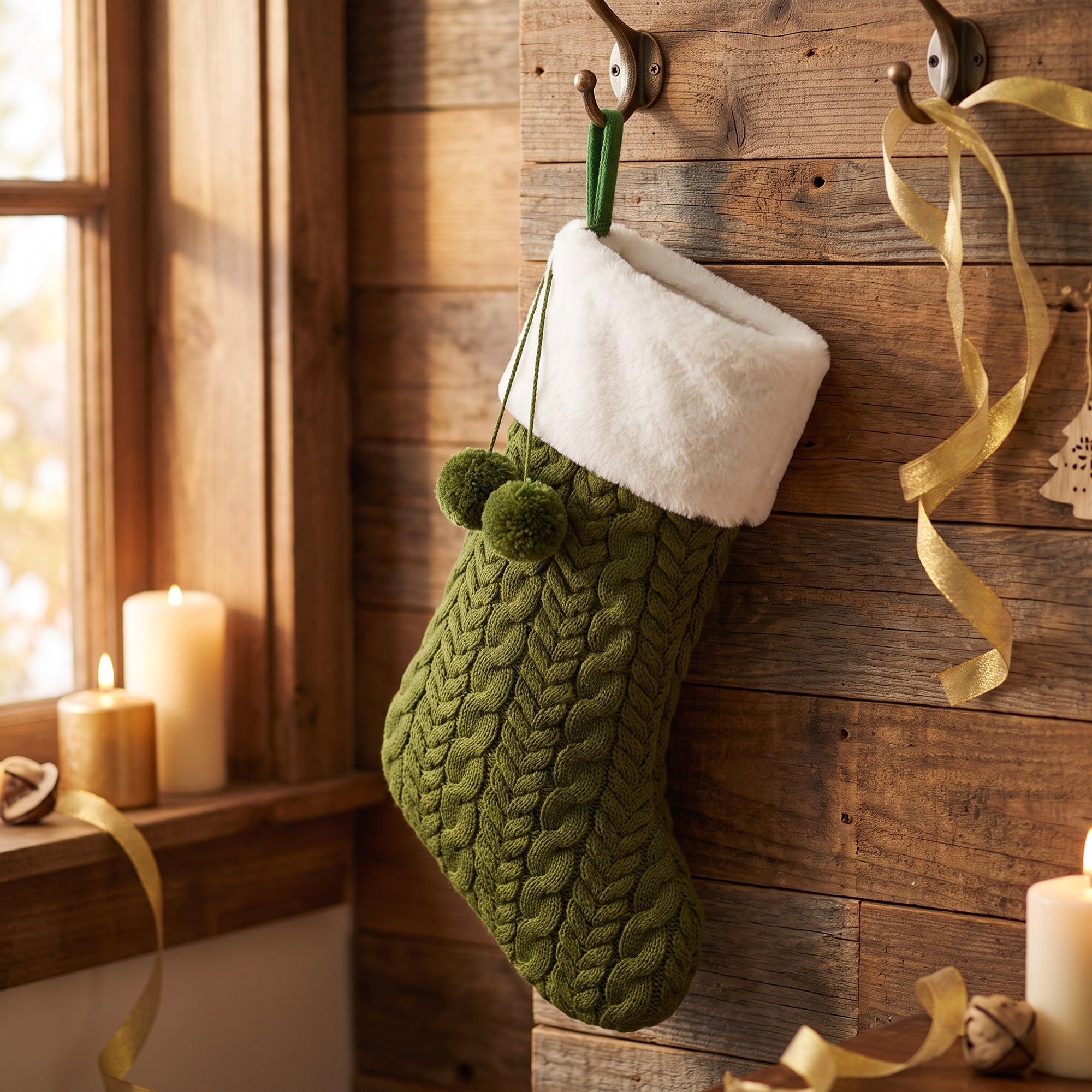 Unique Bargains Pom-Poms Stocking Luxury Knitted Sock Green 16"
