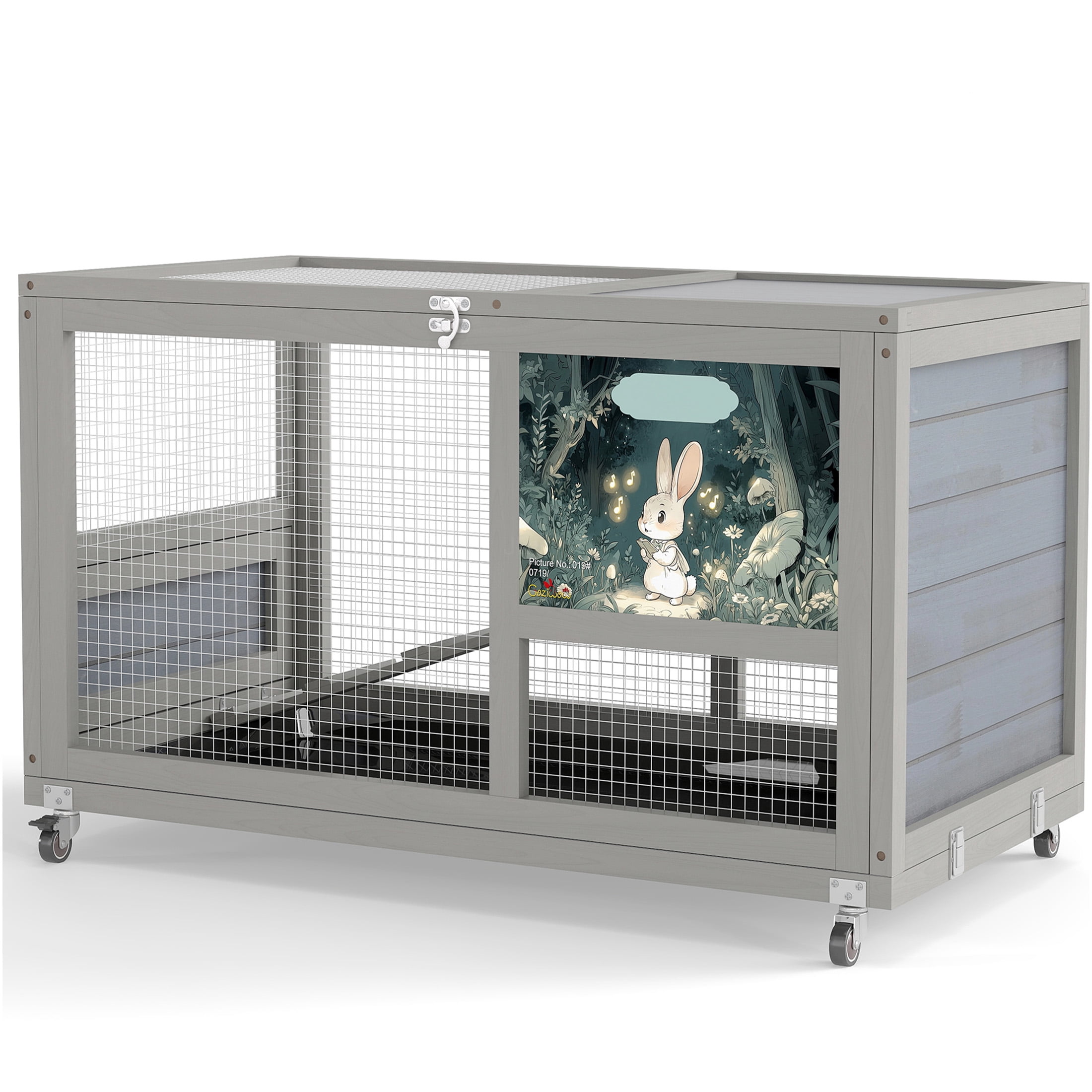 JERFIT 2-Story Rabbit Hutch with Wheels, Outdoor Indoor Wooden Bunny Cage with Removable Tray, Openable Roof & Ramp, Chew-Proof Gray Pet House for Rabbits, Guinea Pigs, Small Animals
