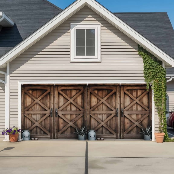 Retro Brown Door Garage Door Cover Banner 7 x 8 FT, Country Vintage Wooden Door Garage Door Curtains Backdrop with Grommets for Indoor Outdoor Wall Party Porch Yard Decorations Background