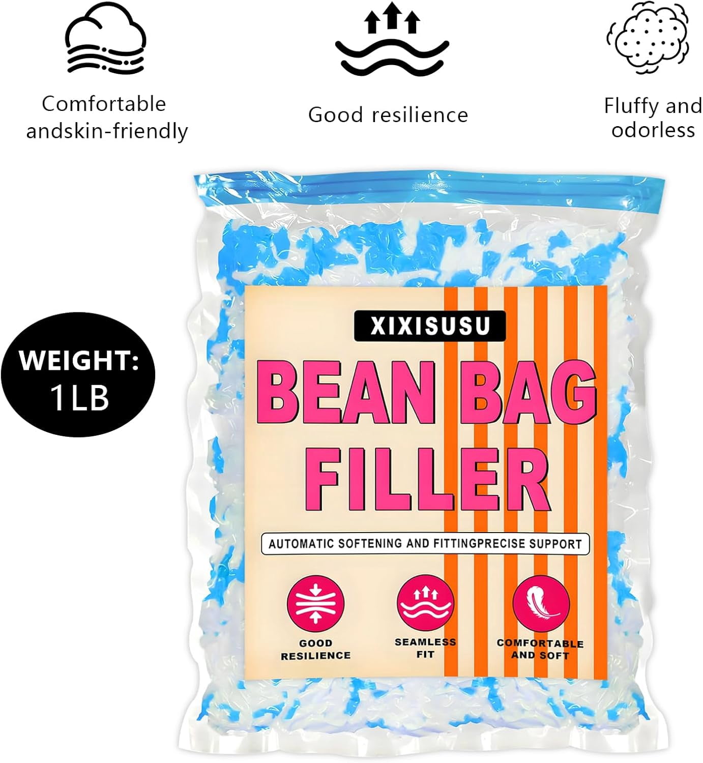 Bean Bag Filler Refill - 1LB Premium White Shredded Memory Foam Stuffing | Compatible with Bean Bag Chairs | Soft, Supportive & Odor-Free Filling for Dolls, Pet Beds and Pillows (Blue & White)